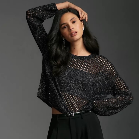 Anthropologie PILCRO | Open Stitch Metallic Pullover Sweater | Women Size Large - Picture 2 of 5